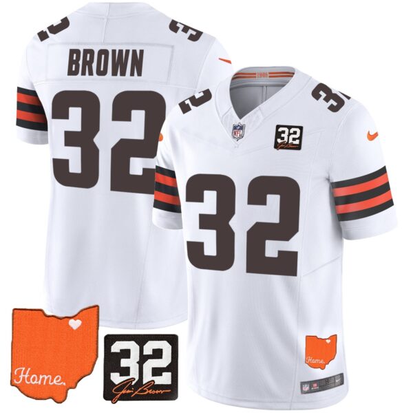 Browns #32 Jim Brown Memorial & Home Patch Vapor Limited Jersey – All Stitched – White – Jim Brown Jersey