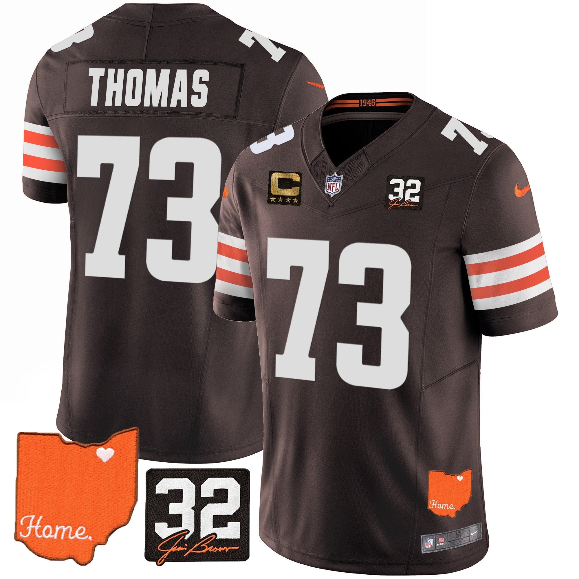 Browns #32 Jim Brown Memorial & Home Patch Vapor Limited Jersey – All Stitched – Brown – Joe Thomas Jersey