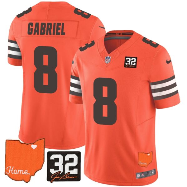 Browns #32 Jim Brown Memorial & Home Patch Vapor Limited Jersey – All Stitched – Orange – Dillon Gabriel Jersey