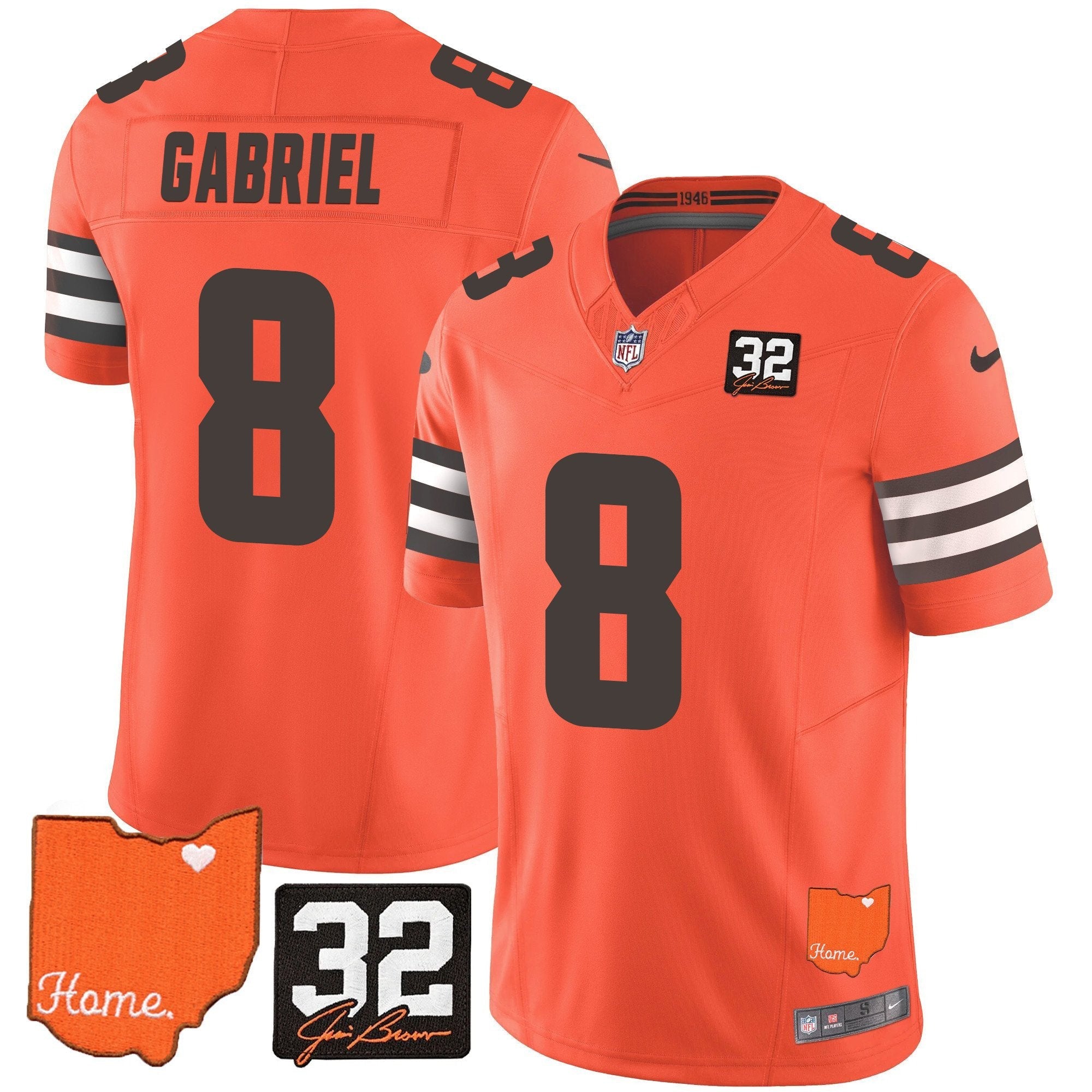 Browns #32 Jim Brown Memorial & Home Patch Vapor Limited Jersey – All Stitched – Orange – Dillon Gabriel Jersey