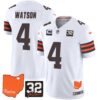 Browns #32 Jim Brown Memorial & Home Patch Vapor Limited Jersey – All Stitched – White – Deshaun Watson Jersey