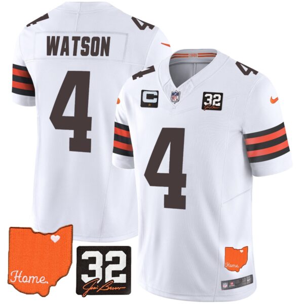 Browns #32 Jim Brown Memorial & Home Patch Vapor Limited Jersey – All Stitched – White – Deshaun Watson Jersey