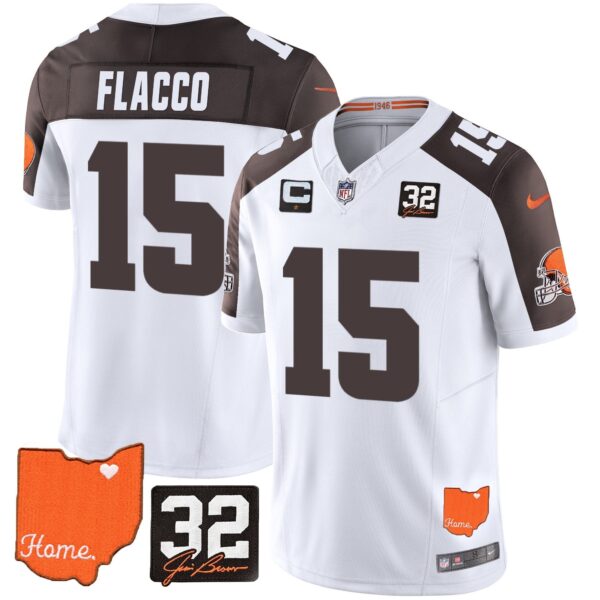 Browns #32 Jim Brown Memorial & Home Patch Vapor Limited Jersey – All Stitched – Inverted – Joe Flacco Jersey