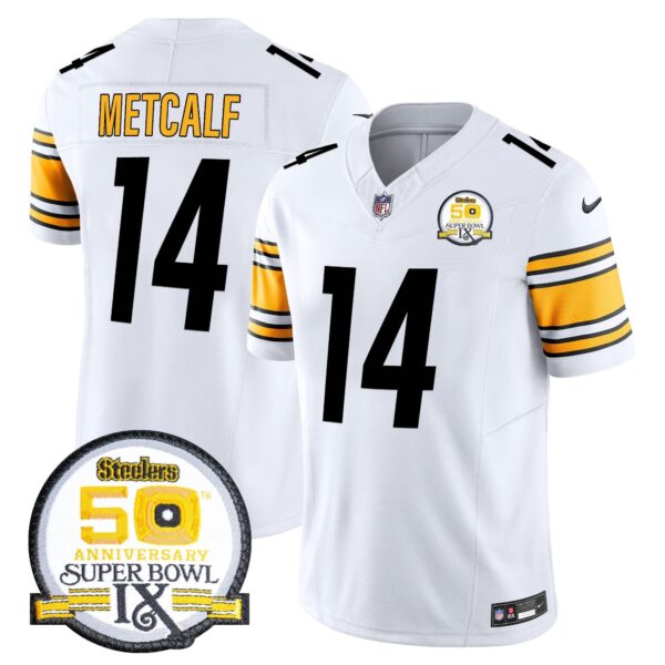 Steelers 50th Anniversary Of Super Bowl IX Patch Vapor Limited Jersey – All Stitched – White – DK Metcalf Jersey