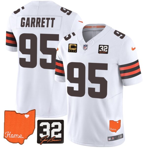 Browns #32 Jim Brown Memorial & Home Patch Vapor Limited Jersey – All Stitched – White – Myles Garrett Jersey