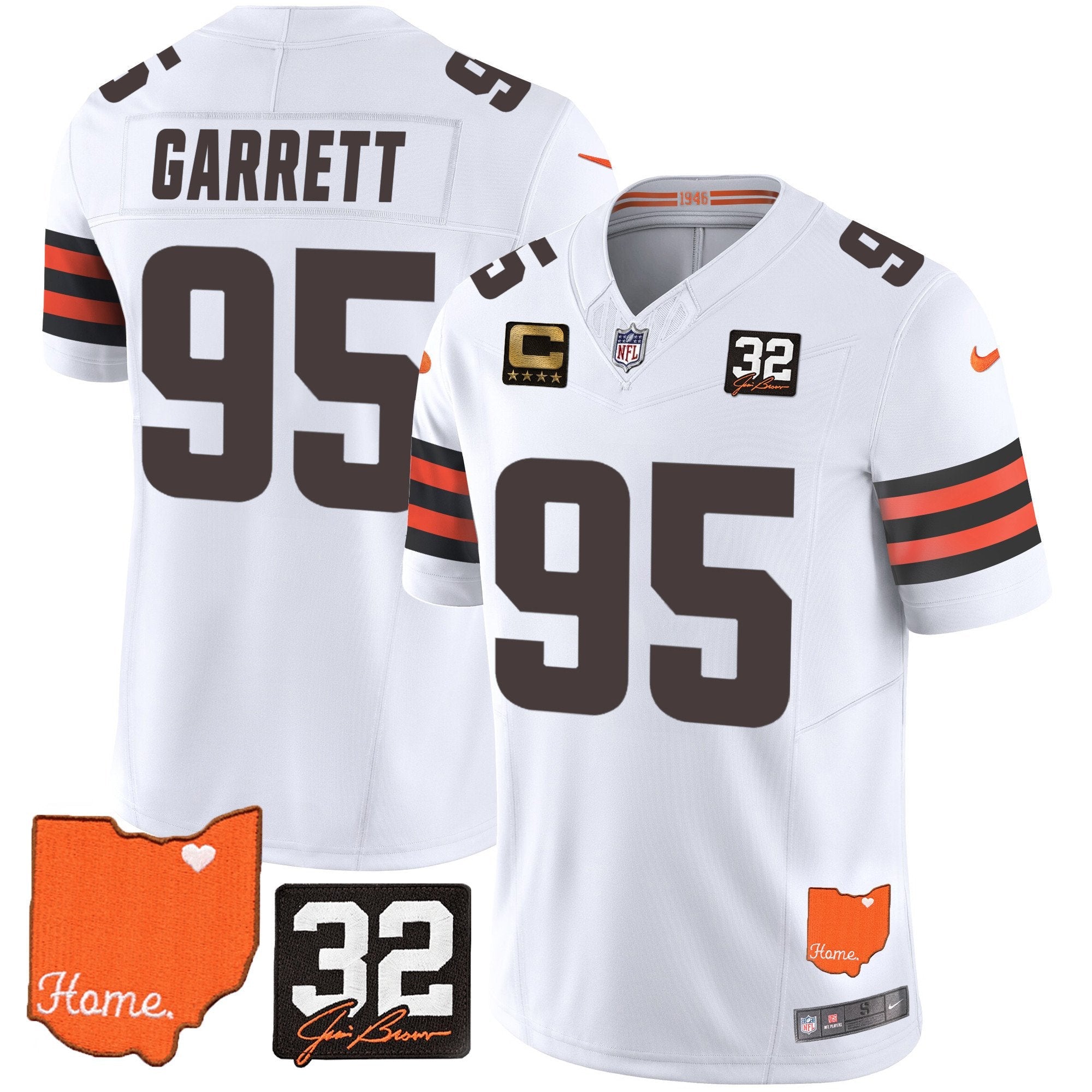 Browns #32 Jim Brown Memorial & Home Patch Vapor Limited Jersey – All Stitched – White – Myles Garrett Jersey