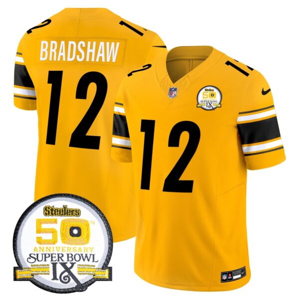 Steelers 50th Anniversary Of Super Bowl IX Patch Vapor Limited Jersey – All Stitched – Gold – Terry Bradshaw Jersey