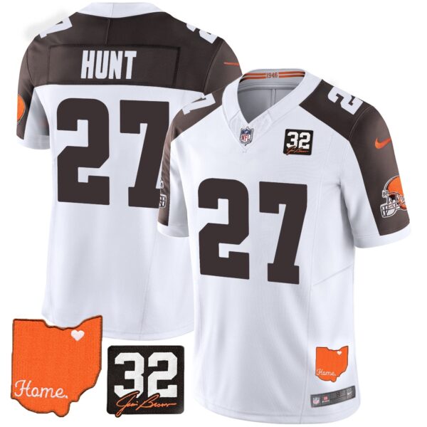 Browns #32 Jim Brown Memorial & Home Patch Vapor Limited Jersey – All Stitched – Inverted – Kareem Hunt Jersey