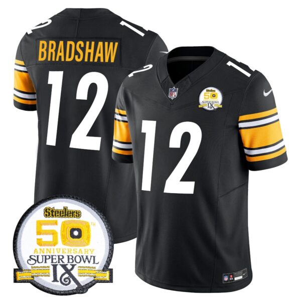 Steelers 50th Anniversary Of Super Bowl IX Patch Vapor Limited Jersey – All Stitched – Black – Terry Bradshaw Jersey