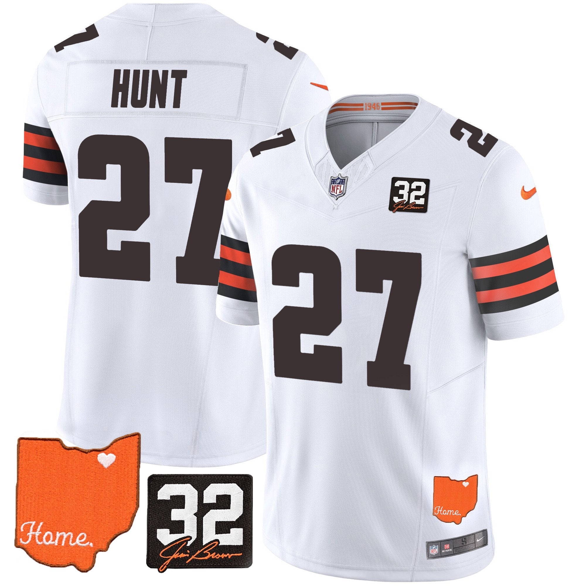 Browns #32 Jim Brown Memorial & Home Patch Vapor Limited Jersey – All Stitched – White – Kareem Hunt Jersey