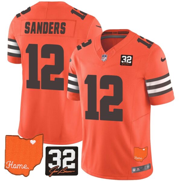 Browns #32 Jim Brown Memorial & Home Patch Vapor Limited Jersey – All Stitched – Orange – Shedeur Sanders Jersey