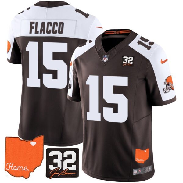 Browns #32 Jim Brown Memorial & Home Patch Vapor Limited Jersey – All Stitched – Alternate – Joe Flacco Jersey