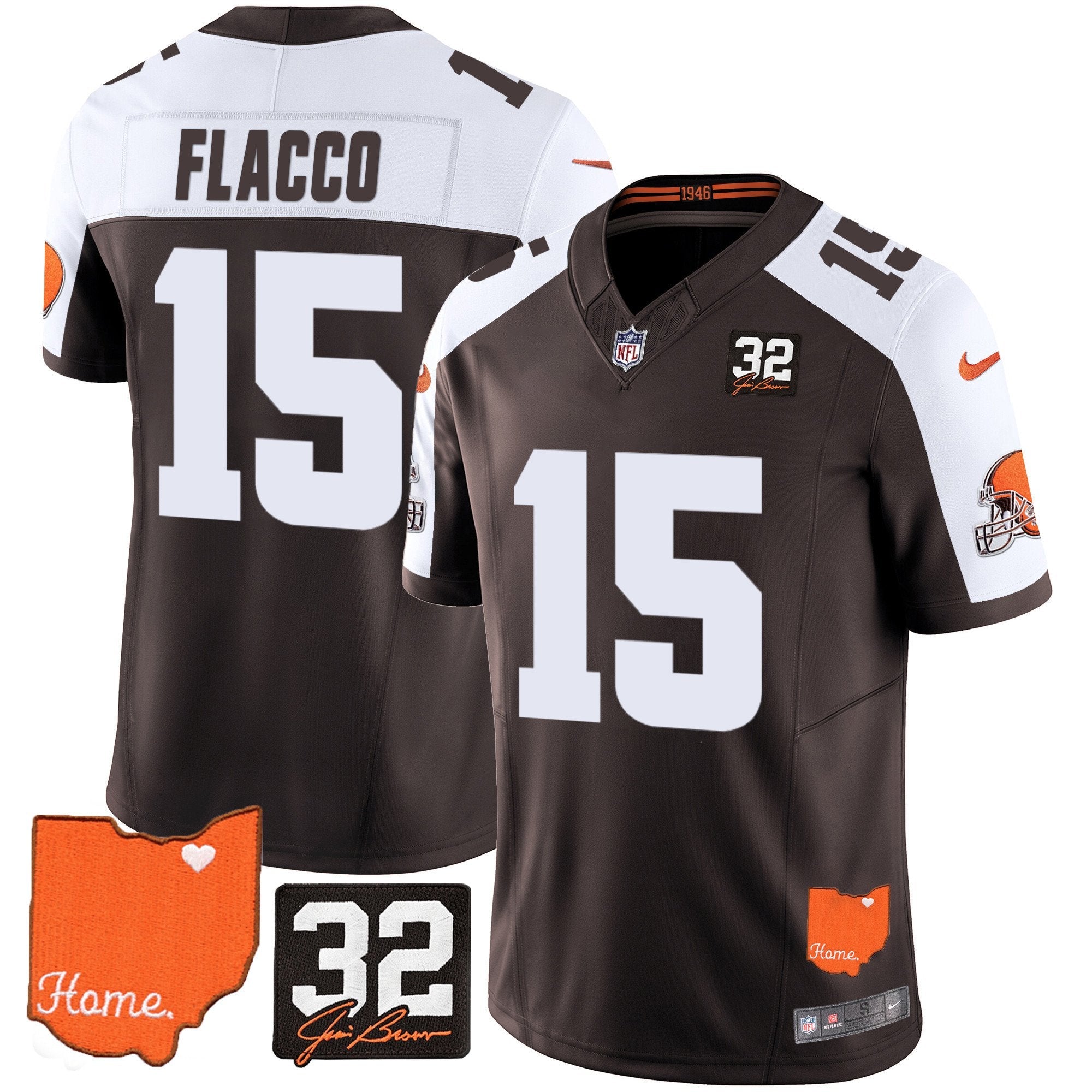 Browns #32 Jim Brown Memorial & Home Patch Vapor Limited Jersey – All Stitched – Alternate – Joe Flacco Jersey