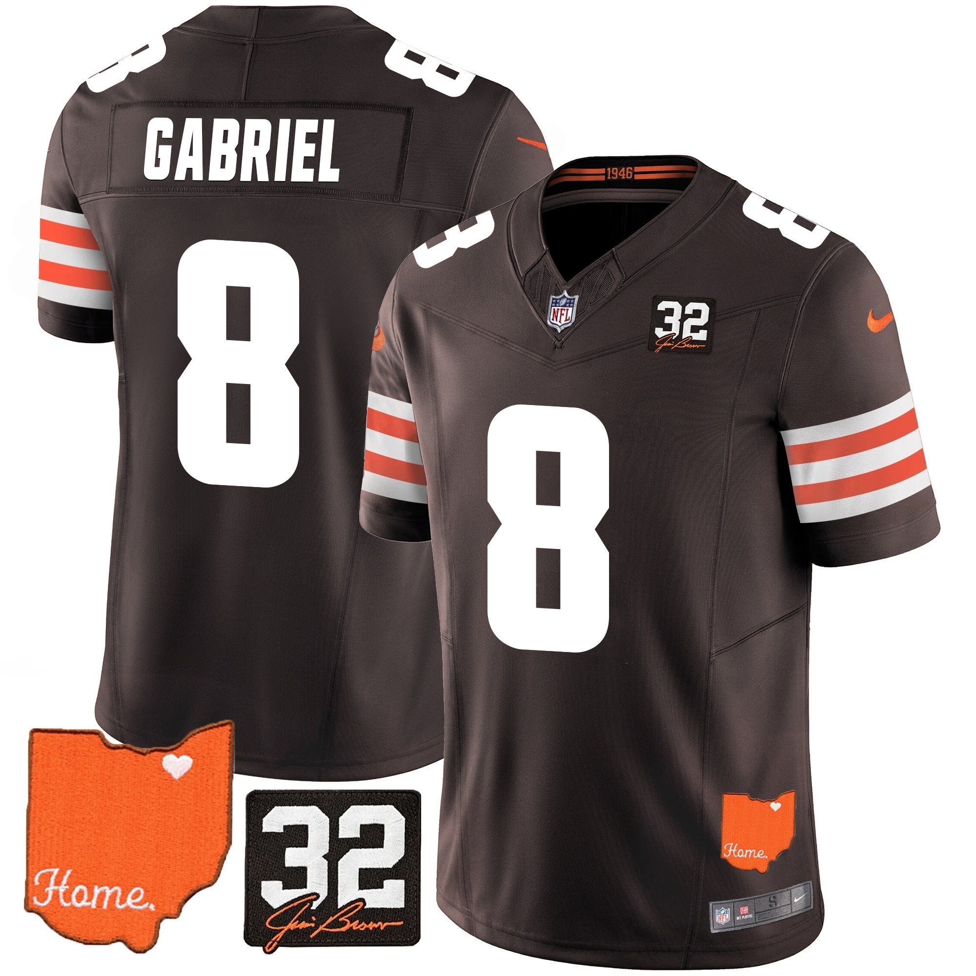 Browns #32 Jim Brown Memorial & Home Patch Vapor Limited Jersey – All Stitched – Brown – Dillon Gabriel Jersey