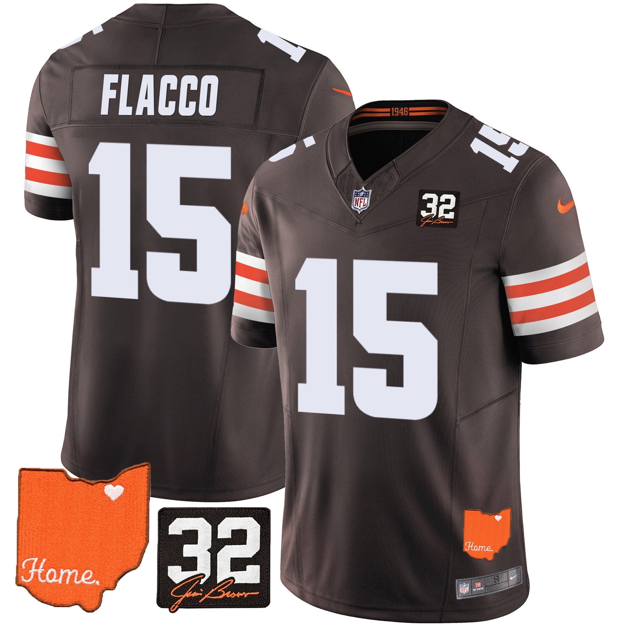 Browns #32 Jim Brown Memorial & Home Patch Vapor Limited Jersey – All Stitched – Brown – Joe Flacco Jersey