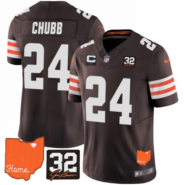 Browns #32 Jim Brown Memorial & Home Patch Vapor Limited Jersey – All Stitched – Brown – Nick Chubb Jersey
