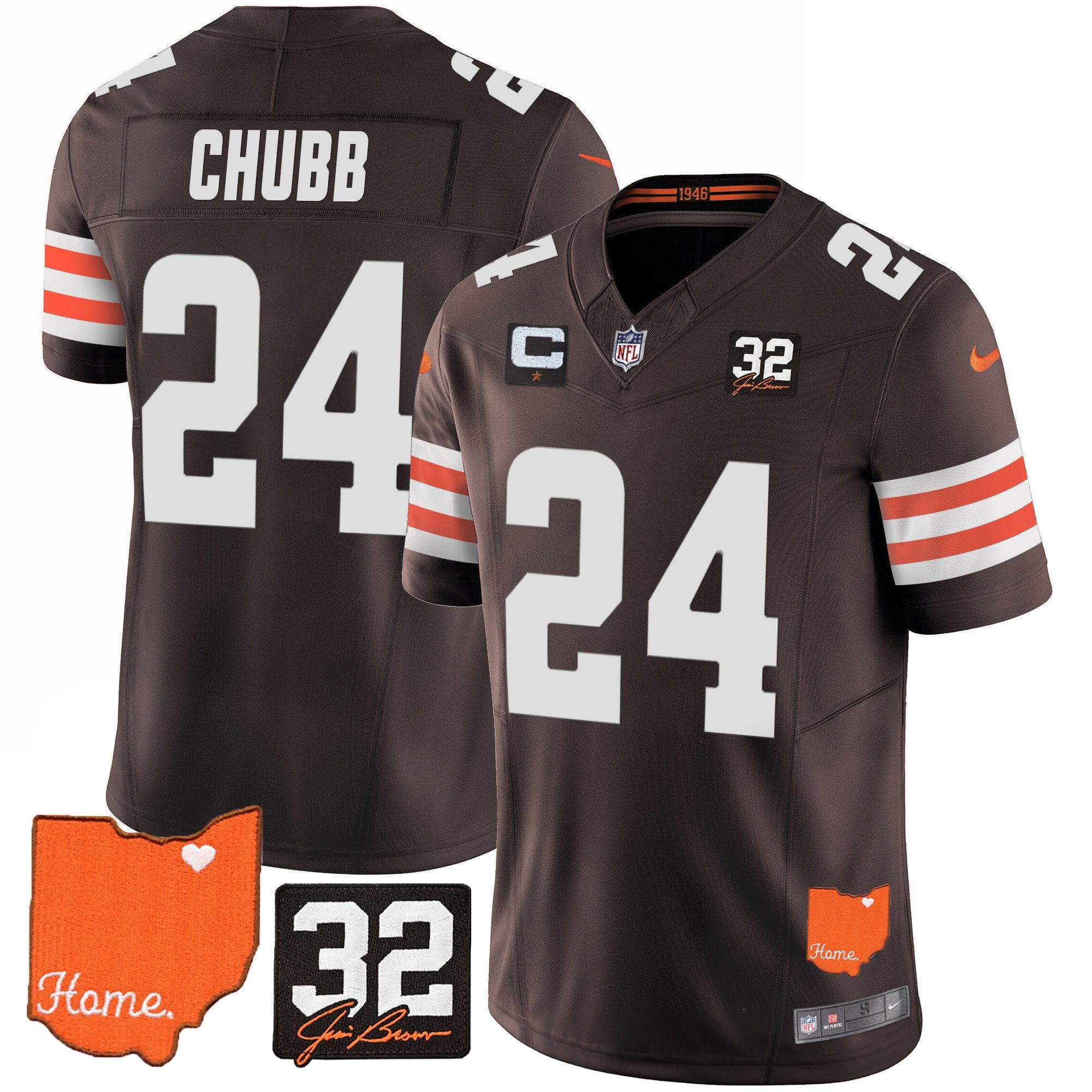 Browns #32 Jim Brown Memorial & Home Patch Vapor Limited Jersey – All Stitched – Brown – Nick Chubb Jersey