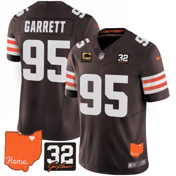 Browns #32 Jim Brown Memorial & Home Patch Vapor Limited Jersey – All Stitched – Brown – Myles Garrett Jersey