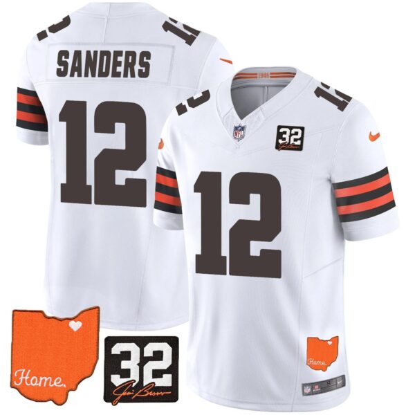 Browns #32 Jim Brown Memorial & Home Patch Vapor Limited Jersey – All Stitched – White – Shedeur Sanders Jersey