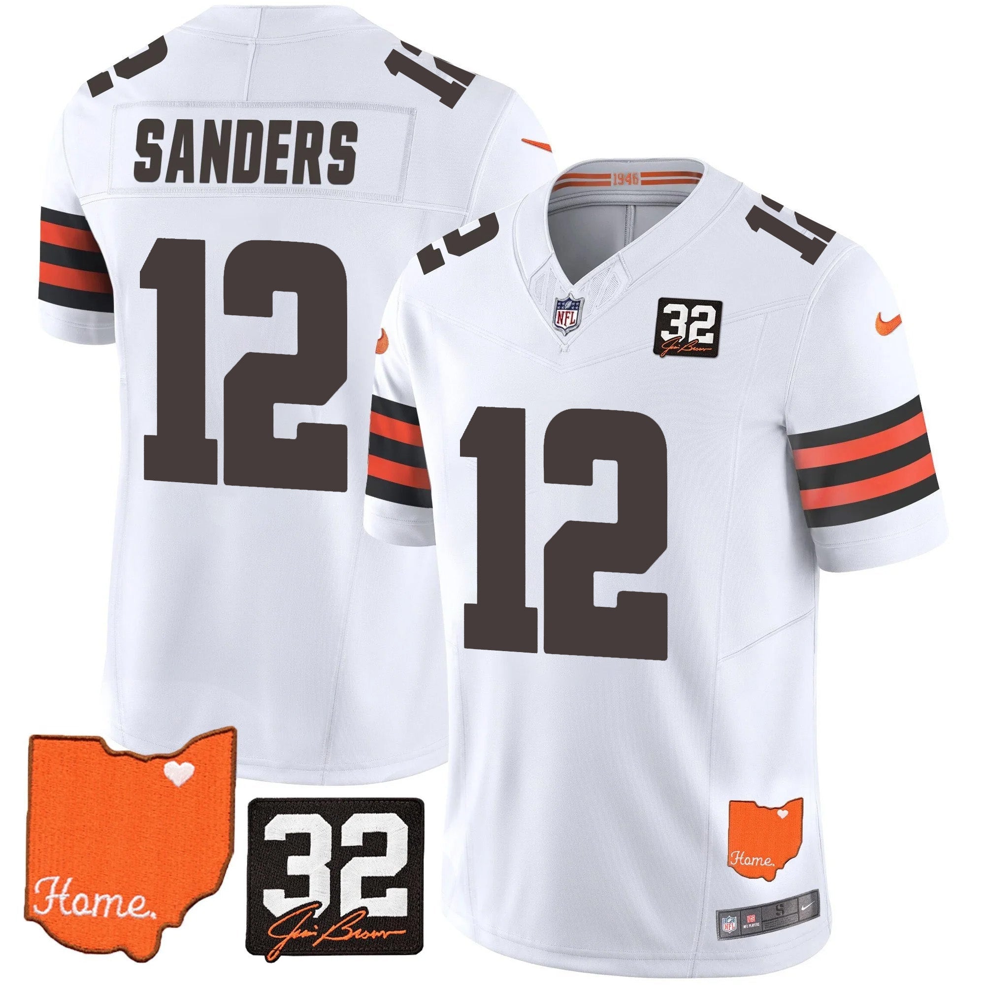 Browns #32 Jim Brown Memorial & Home Patch Vapor Limited Jersey – All Stitched – White – Shedeur Sanders Jersey