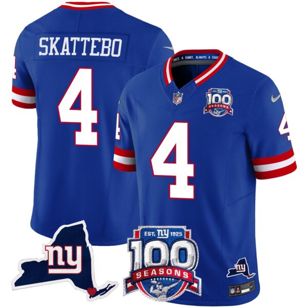 New York Giants 100th Season & State Patch Vapor Limited Jersey – All Stitched – Royal – Cam Skattebo Jersey