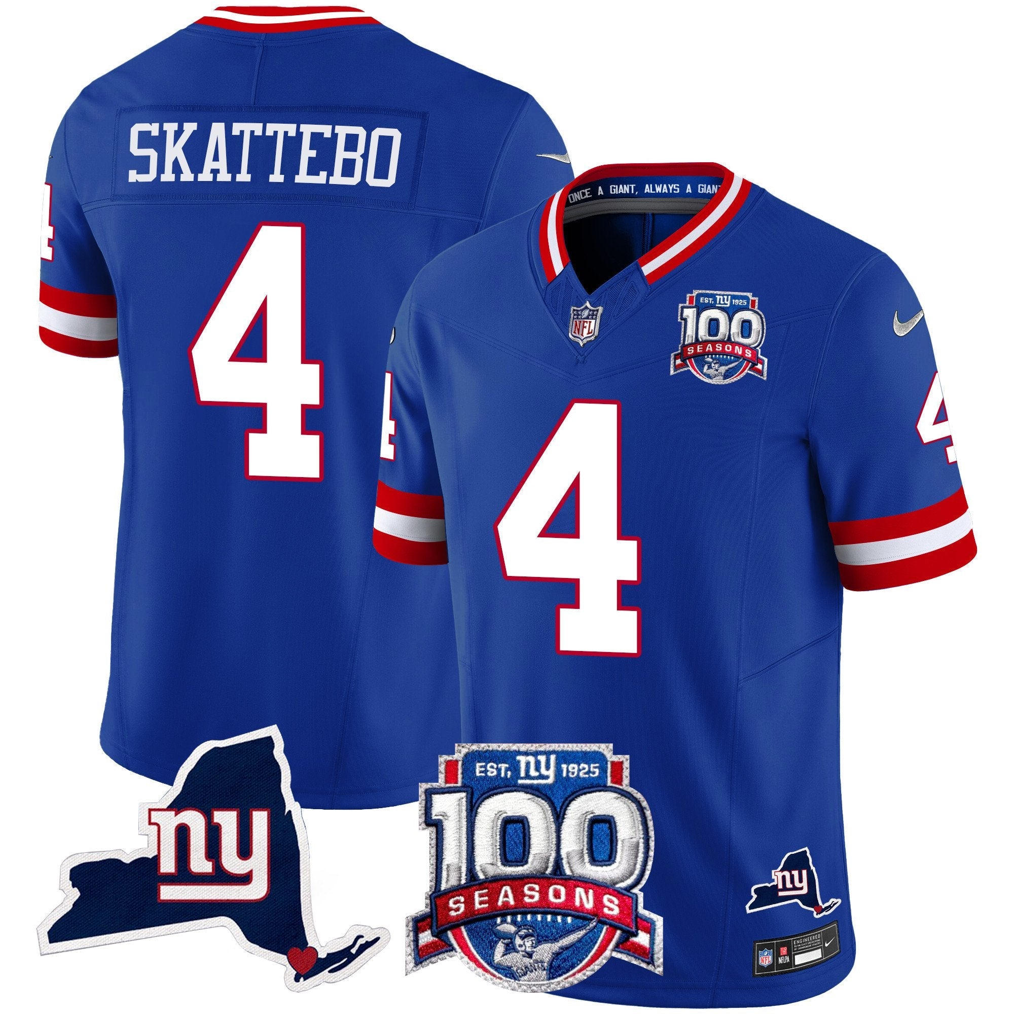 New York Giants 100th Season & State Patch Vapor Limited Jersey – All Stitched – Royal – Cam Skattebo Jersey