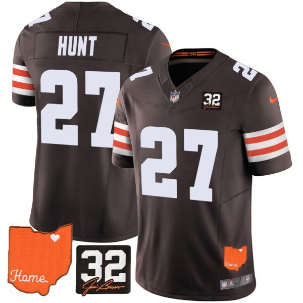 Browns #32 Jim Brown Memorial & Home Patch Vapor Limited Jersey – All Stitched – Brown – Kareem Hunt Jersey