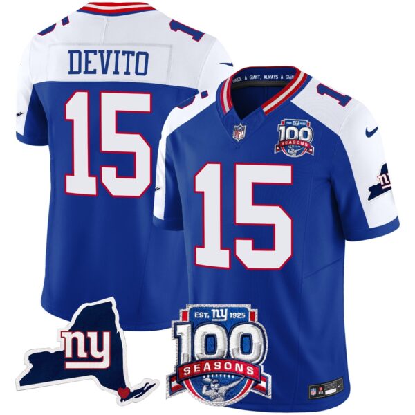 New York Giants 100th Season & State Patch Vapor Limited Jersey – All Stitched – Royal Alternate – Tommy DeVito Jersey