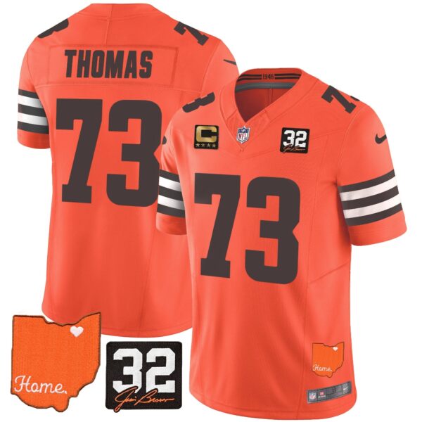 Browns #32 Jim Brown Memorial & Home Patch Vapor Limited Jersey – All Stitched – Orange – Joe Thomas Jersey