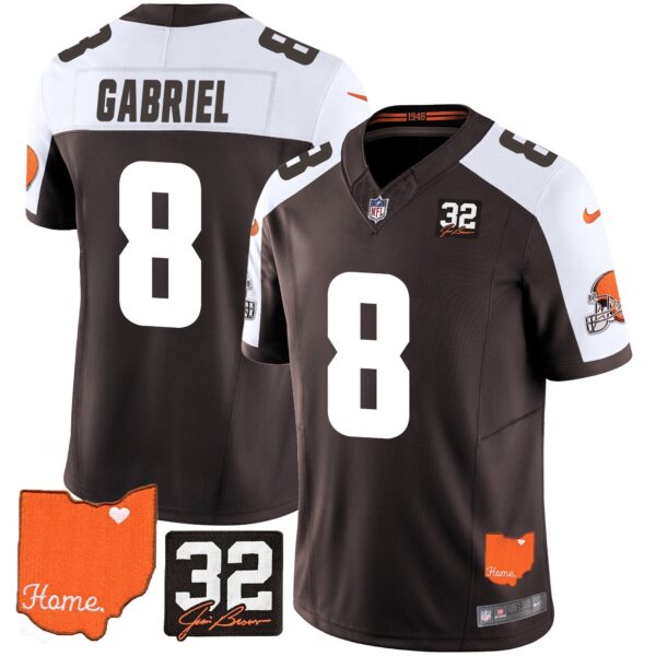 Browns #32 Jim Brown Memorial & Home Patch Vapor Limited Jersey – All Stitched – Alternate – Dillon Gabriel Jersey