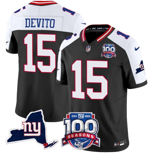 New York Giants 100th Season & State Patch Vapor Limited Jersey – All Stitched – Black Alternate – Tommy DeVito Jersey