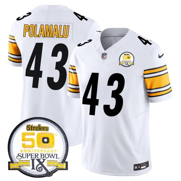 Steelers 50th Anniversary Of Super Bowl IX Patch Vapor Limited Jersey – All Stitched – White – Troy Polamalu Jersey