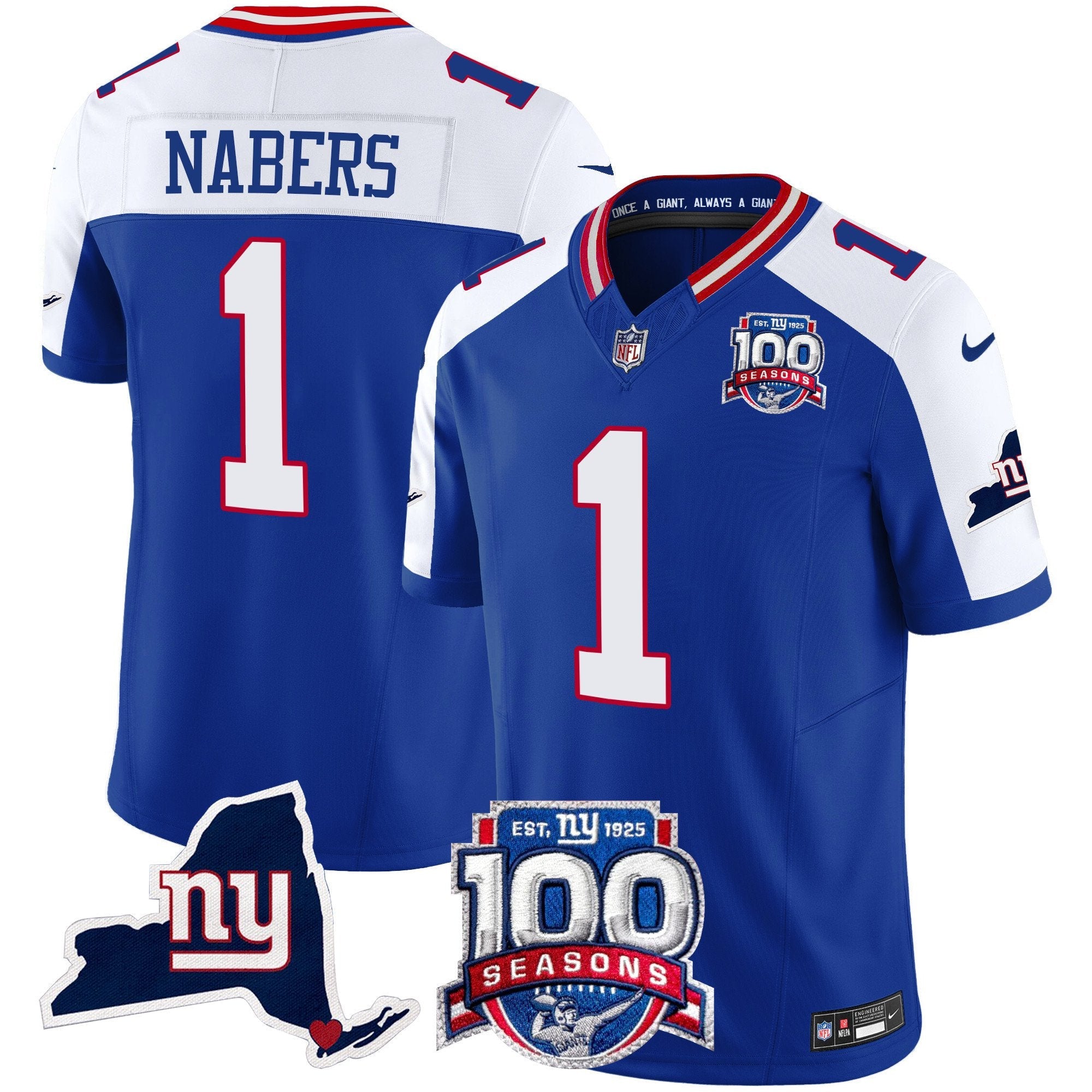 New York Giants 100th Season & State Patch Vapor Limited Jersey – All Stitched – Royal Alternate – Malik Nabers Jersey