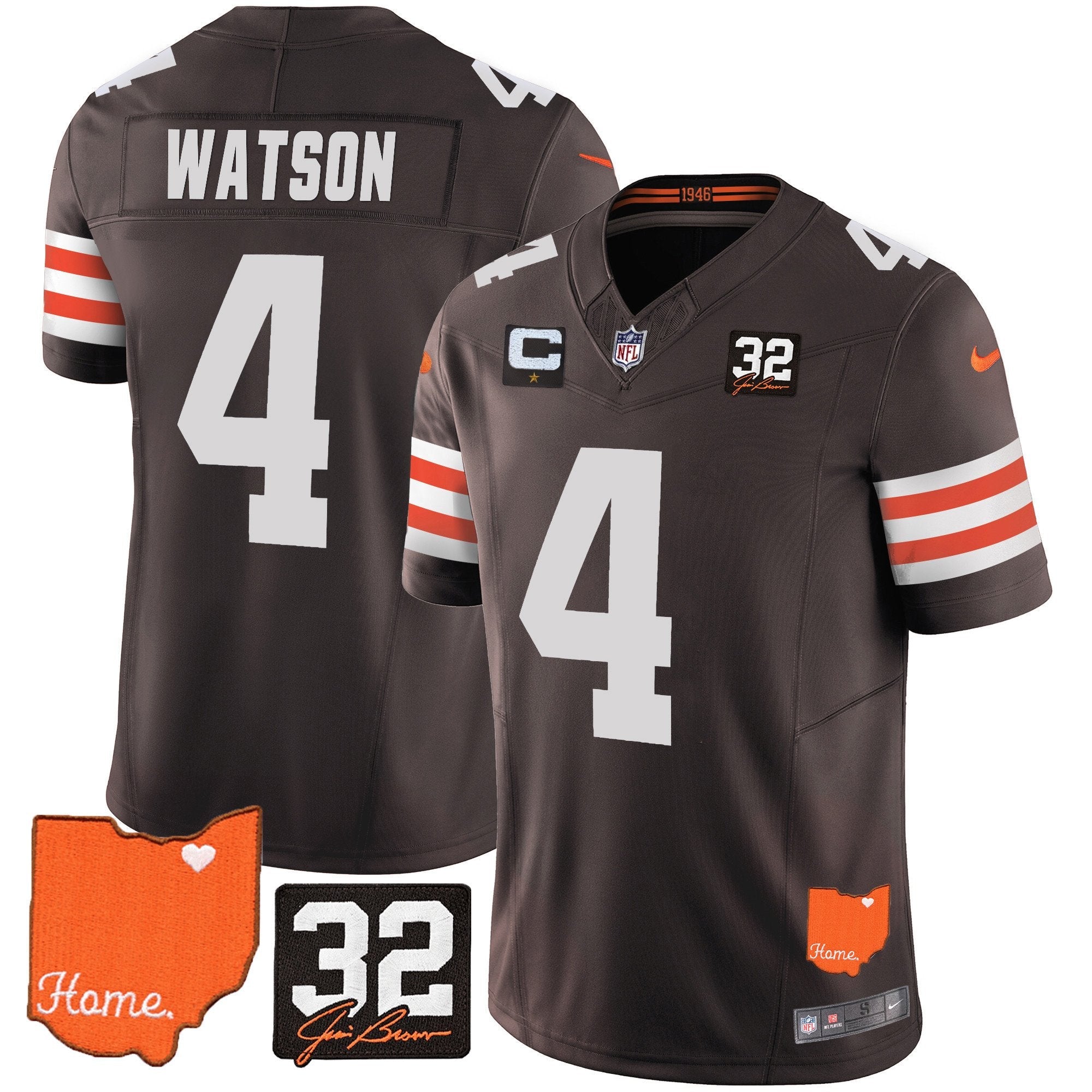Browns #32 Jim Brown Memorial & Home Patch Vapor Limited Jersey – All Stitched – Brown – Deshaun Watson Jersey