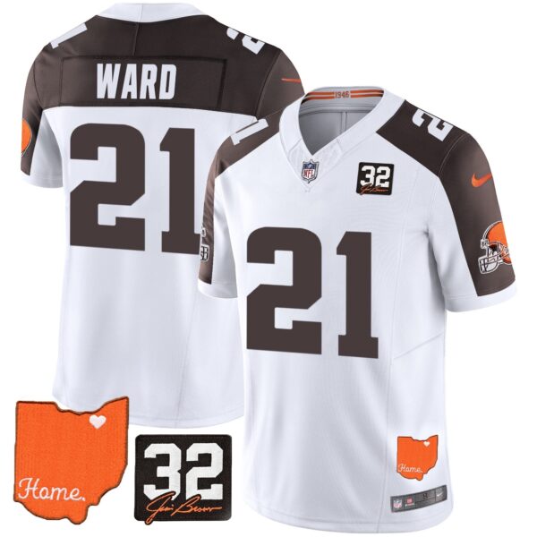 Browns #32 Jim Brown Memorial & Home Patch Vapor Limited Jersey – All Stitched – Inverted – Denzel Ward Jersey
