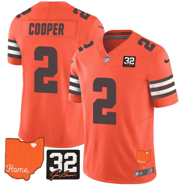 Browns #32 Jim Brown Memorial & Home Patch Vapor Limited Jersey – All Stitched – Orange – Amari Cooper Jersey