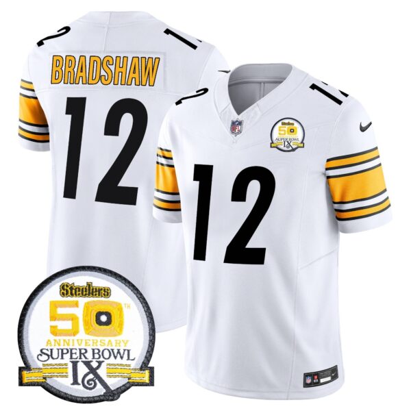 Steelers 50th Anniversary Of Super Bowl IX Patch Vapor Limited Jersey – All Stitched – White – Terry Bradshaw Jersey