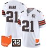 Browns #32 Jim Brown Memorial & Home Patch Vapor Limited Jersey – All Stitched – White – Denzel Ward Jersey