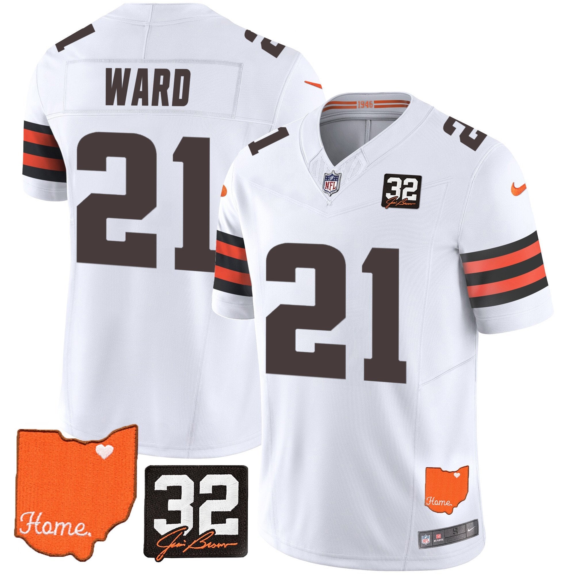 Browns #32 Jim Brown Memorial & Home Patch Vapor Limited Jersey – All Stitched – White – Denzel Ward Jersey