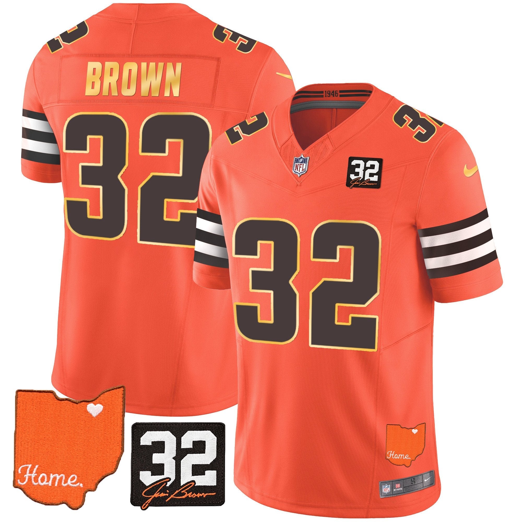 Browns #32 Jim Brown Memorial & Home Patch Gold Trim Jersey – All Stitched – Orange – Jim Brown Jersey
