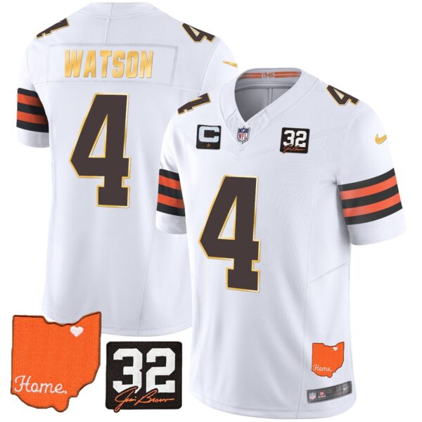 Browns #32 Jim Brown Memorial & Home Patch Gold Trim Jersey – All Stitched – White – Deshaun Watson Jersey