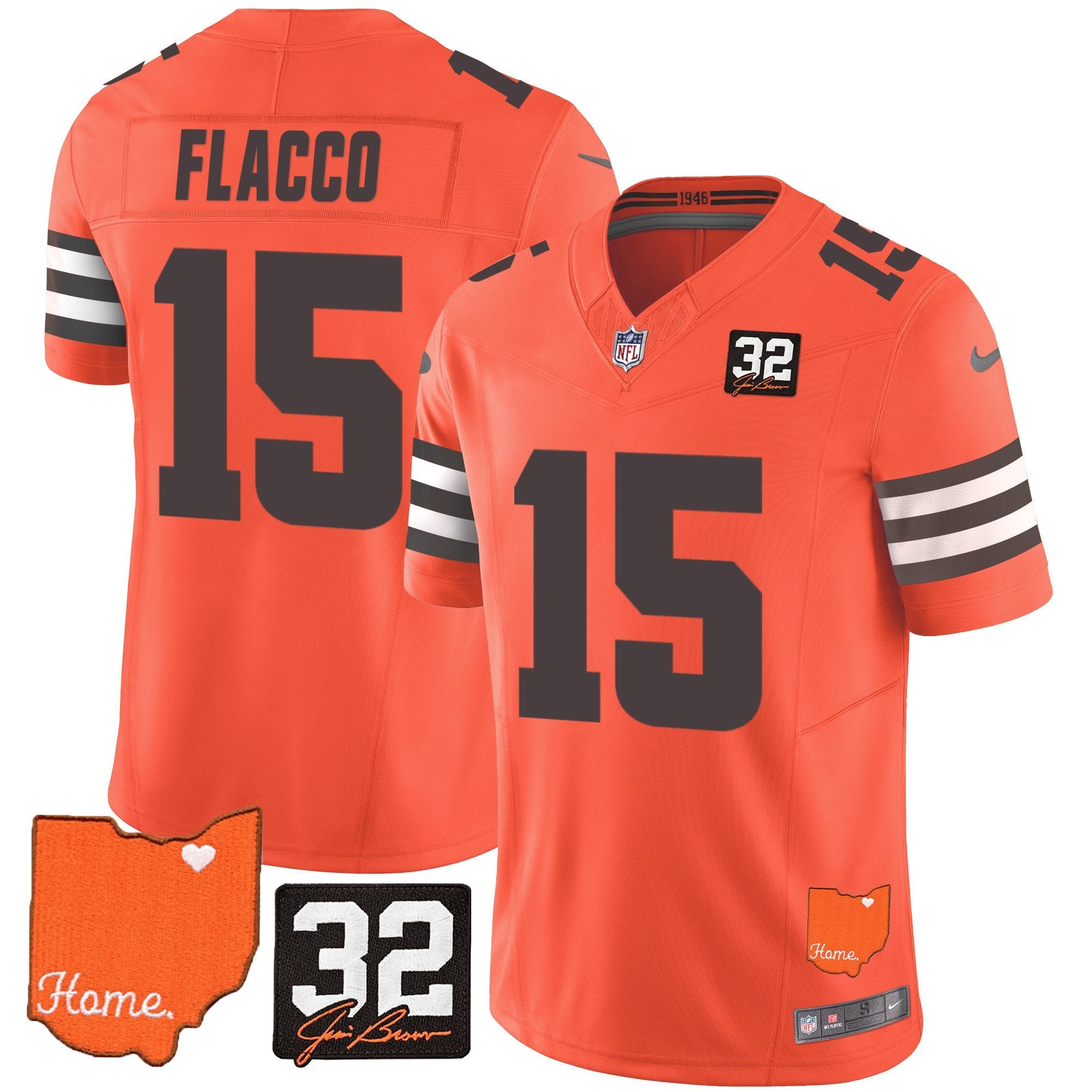 Browns #32 Jim Brown Memorial & Home Patch Vapor Limited Jersey – All Stitched – Orange – Joe Flacco Jersey