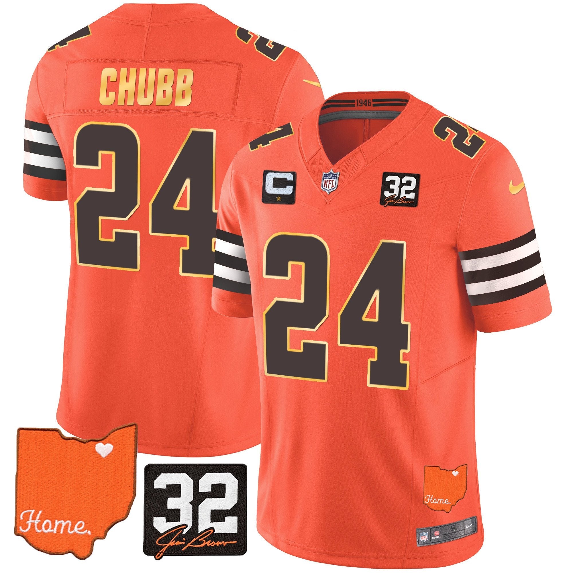 Browns #32 Jim Brown Memorial & Home Patch Gold Trim Jersey – All Stitched – Orange – Nick Chubb Jersey