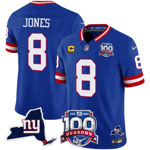 New York Giants 100th Season & State Patch Vapor Limited Jersey – All Stitched – Royal – Daniel Jones Jersey