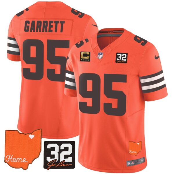 Browns #32 Jim Brown Memorial & Home Patch Vapor Limited Jersey – All Stitched – Orange – Myles Garrett Jersey