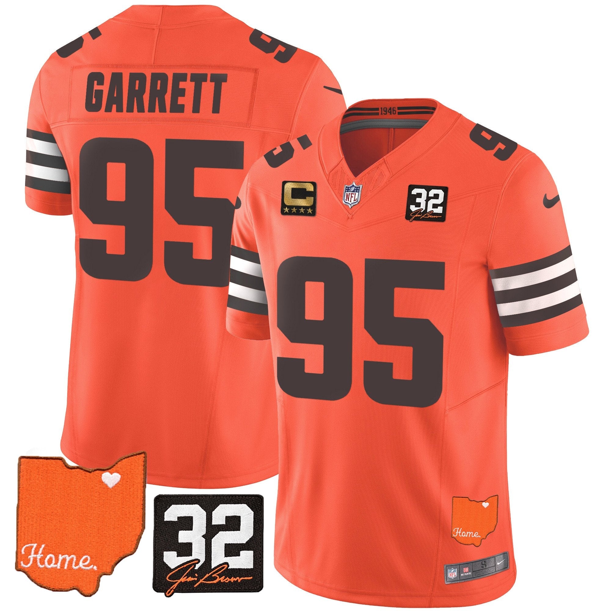 Browns #32 Jim Brown Memorial & Home Patch Vapor Limited Jersey – All Stitched – Orange – Myles Garrett Jersey