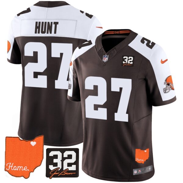 Browns #32 Jim Brown Memorial & Home Patch Vapor Limited Jersey – All Stitched – Alternate – Kareem Hunt Jersey