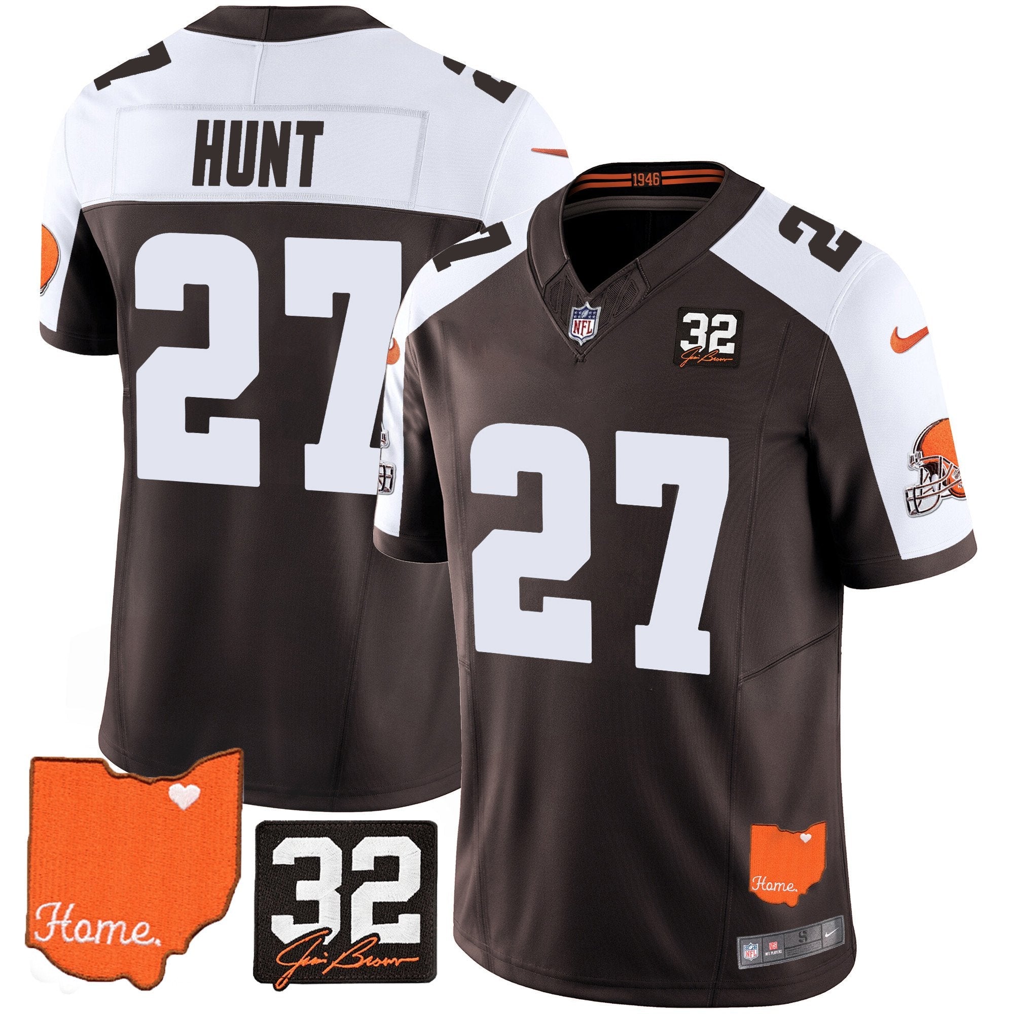 Browns #32 Jim Brown Memorial & Home Patch Vapor Limited Jersey – All Stitched – Alternate – Kareem Hunt Jersey