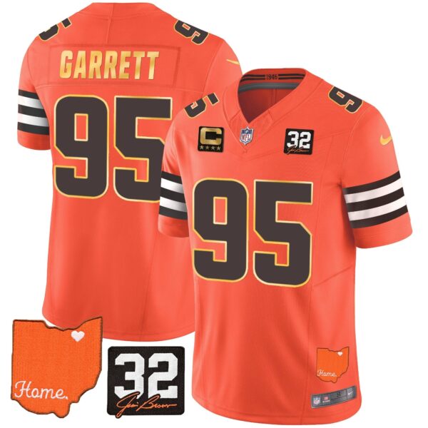 Browns #32 Jim Brown Memorial & Home Patch Gold Trim Jersey – All Stitched – Orange – Myles Garrett Jersey