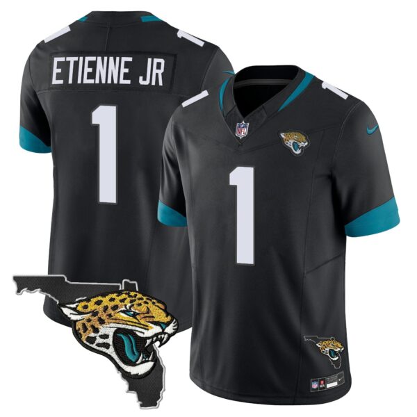Jacksonville Jaguars Florida Patch Vapor Jersey – All Stitched – Black – Travis Etienne Jr. Jersey
